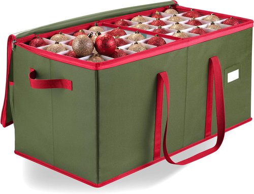 Christmas Ornament Storage | Holds Up to 128 Ornaments - Adjustable Dividers & Zippered Top, Green