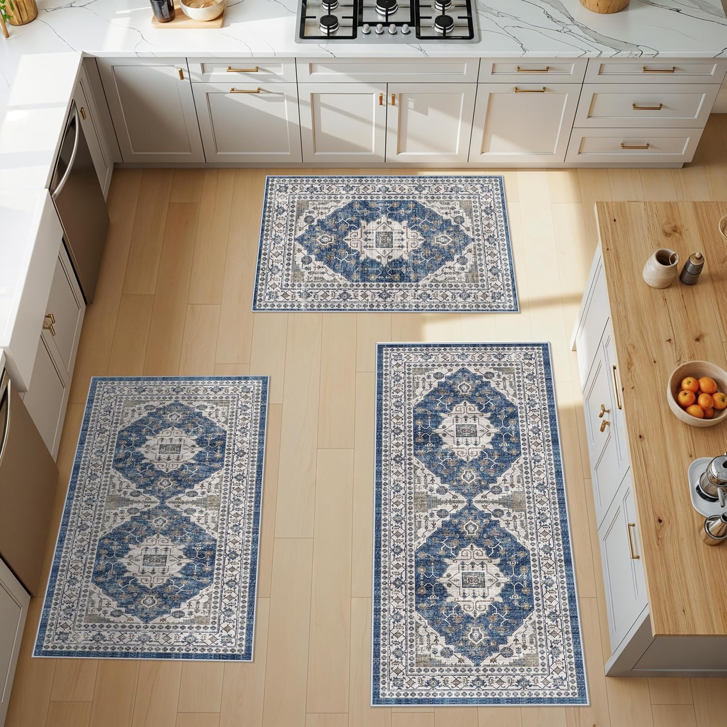 Skiennix Washable Kitchen Floor Mats - Non-Slip Water-Resistant Rugs | Soft Decorative Set (2x3, 2x4, 2x5, 2x6, Blue)