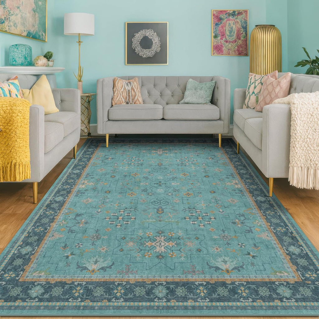 Skiennix 5x7 Teal Rug - Modern Boho Turquoise Low-Pile Carpet | Washable Non-Slip Design