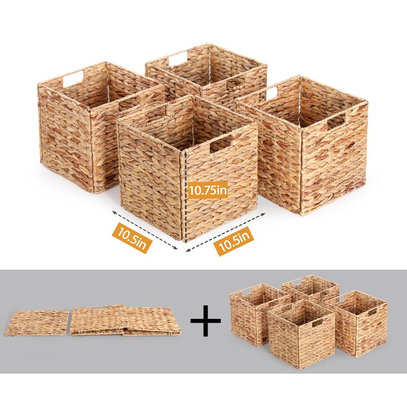 10.5 x 10.5in Wicker Storage Baskets, Cube Foldable Water Hyacinth Storage Baskets for 11 x 11 Cube Shelves Set of 4