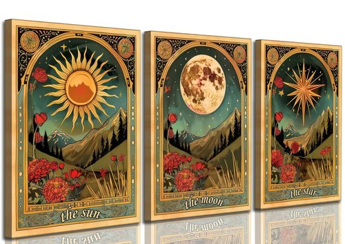 3 Pcs Tarot Canvas Wall Art Sun Moon and Star Mystical Astrology Celestial Paintings Pictures Wall Decor Poster Print Artwork for Bedroom Living Room Dorm Home Decoration