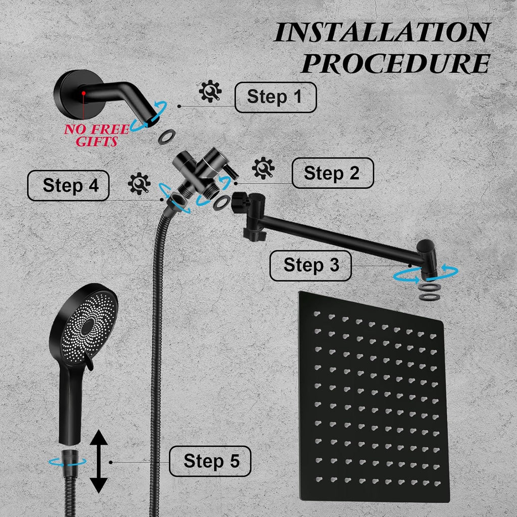 Skiennix 10” Rain Shower Head - High Pressure Handheld Spray Combo with Adjustable Arm | Matt Black