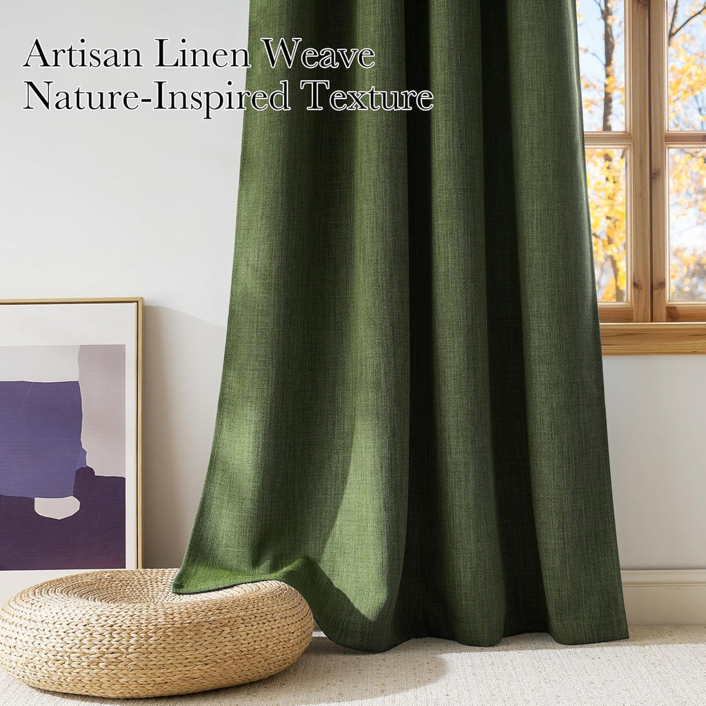 NICETOWN Faux Linen Blackout Curtains - Forest Green, 63-Inch Length, Modern Farmhouse Style, 2 Panels