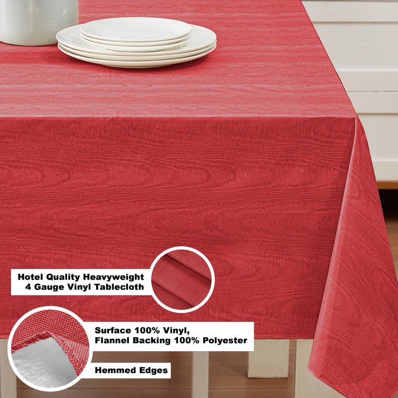 Newbridge Red Moire Wavy Solid Vinyl Flannel Backed Tablecloth, 60 x 102 Inch Rectangle, Heavyweight Indoor Outdoor Waterproof Table Cover, Easy Care Wipe Clean