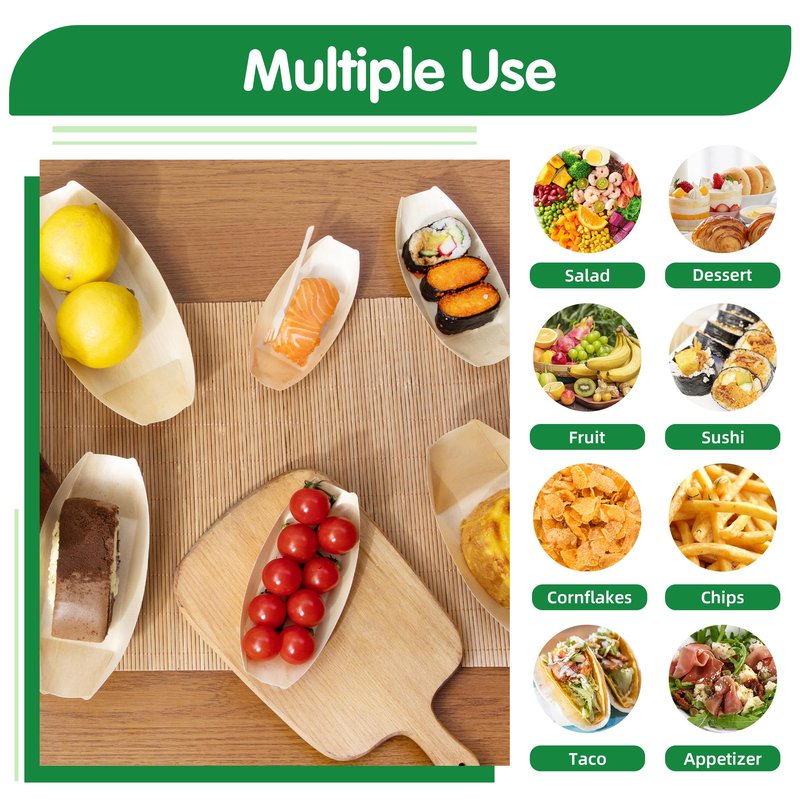 Suwodpak 200-Pack Wooden Disposable Plates 5 IN Boat Plates Food Trays Disposable Dessert Plates Disposable Food Boats for Party Weddings Picnic (Actual Size Used: 2.95" D x 1.73" W x 0.59" H)