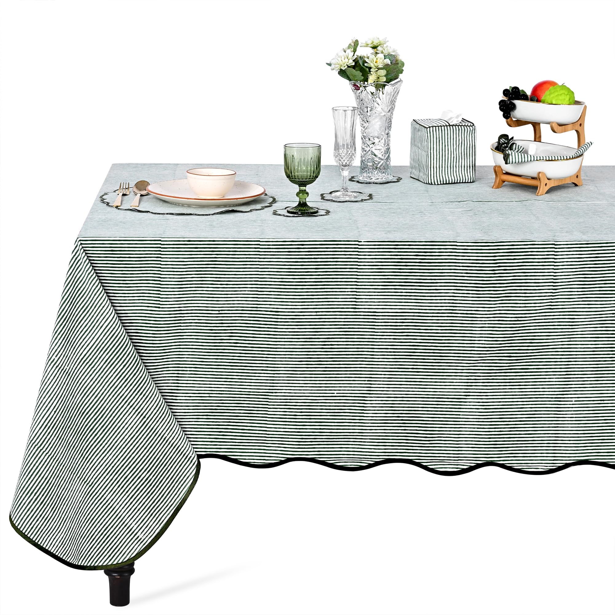 Ridhi Forest Green Stripe Block Print 70x108 Rectangle Tablecloth Table Cover for Dining Tables, Handcrafted Farmhouse Kitchen Decor, Washable, Decorative Tablecloths for Spring, Easter, Valentine
