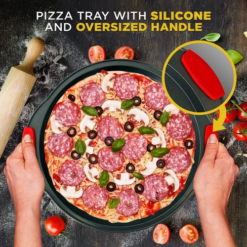 Nutrichef Non-Stick Pizza Tray with Silicone Handles, 6-Pack Round Steel Non-Stick Pans with Perforated Holes, Premium Bakeware, Pizza Trays with Silicone and Oversized Handles, Dishwasher Safe