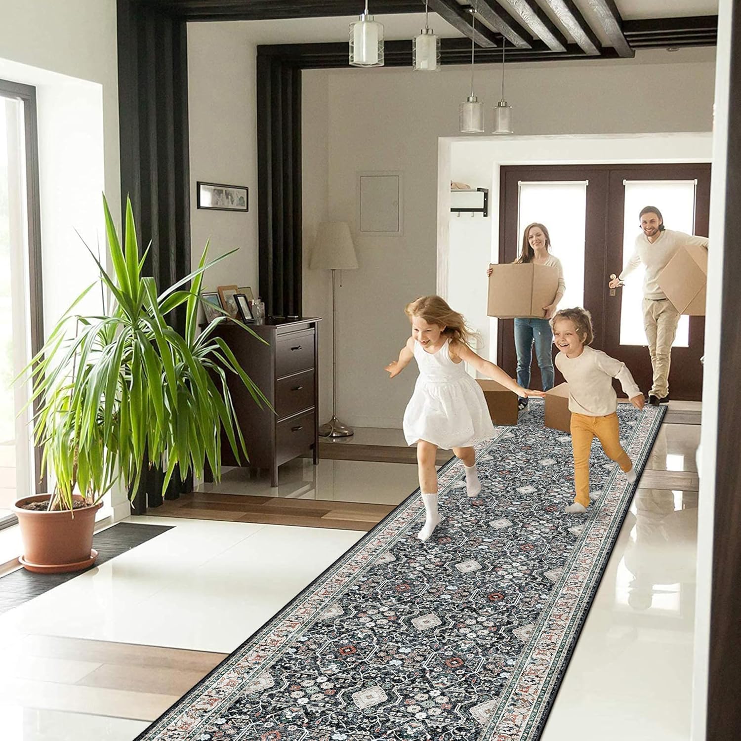 Skiennix Non-Slip Runner Rug - Washable Ultra Soft Vintage Floor Mat for Hallways | 2x12 Black