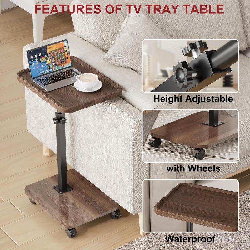 ZUJJAFY Tv Tray Table, Adjustable Height C Shaped End Side Table for Couch Chair Bed or Small Spaces, Swivel Sofa Armresrt Tables for Drinks Dinner Snack, with Wheels, Couch Tables that Slide Under