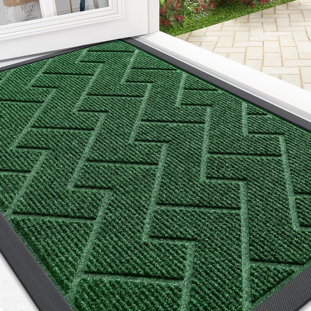 OLANLY Indoor Outdoor Front Door Mat - Waterproof All-Season Herringbone Design | Easy Clean, Green (29.5x17)