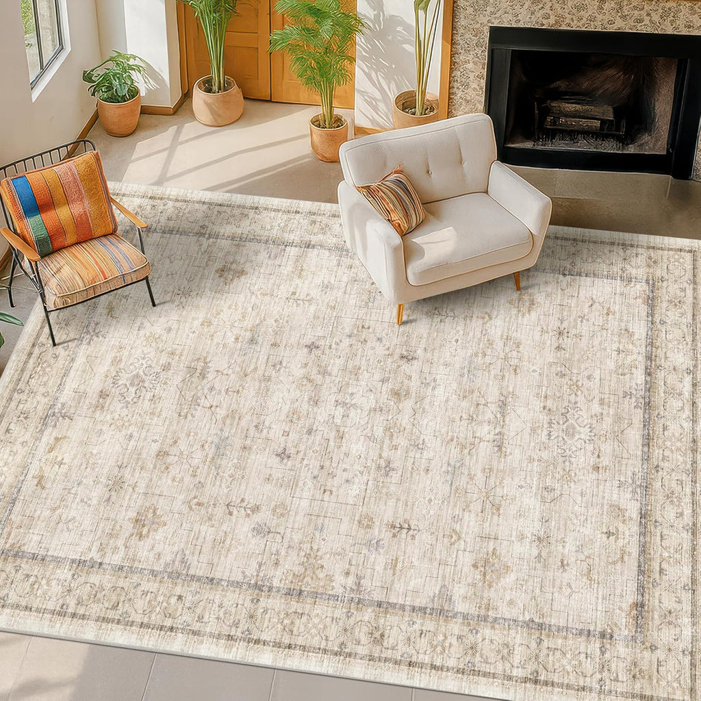 Washable Ivory 6x9 Living Room Rug - Non-Slip Dining Rug for Under Table | Low Pile Farmhouse Carpet