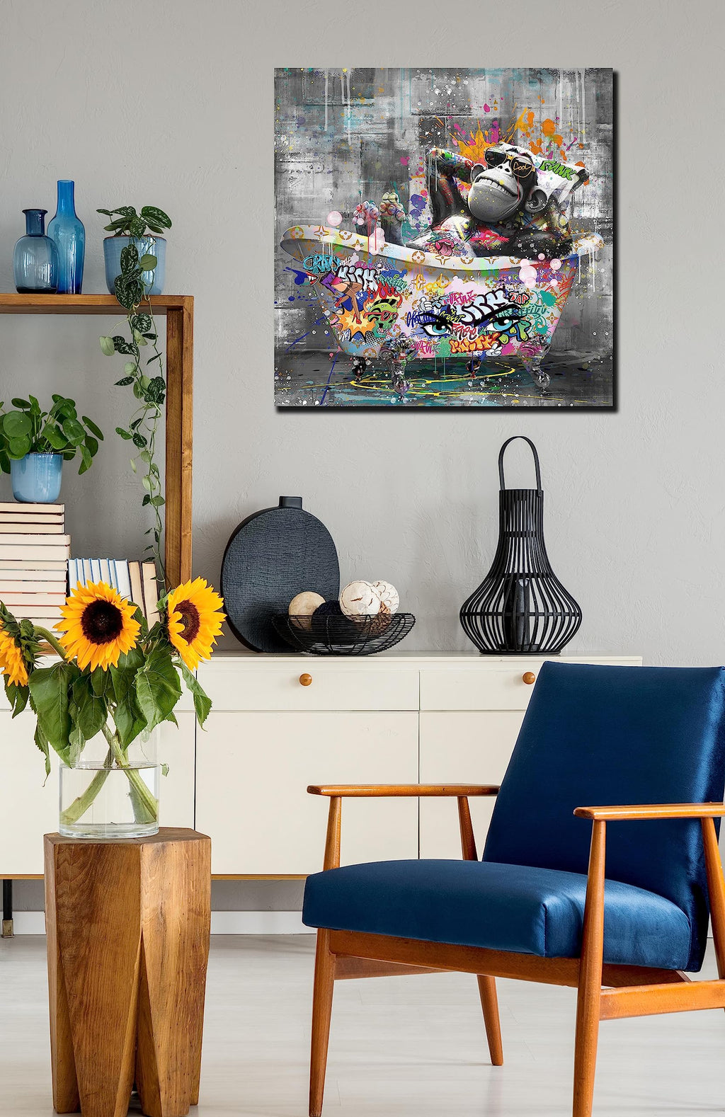 Kepgonegu Bathroom Wall Art Funny Gorilla in the Bathtub Graffiti Canvas Wall Art Black and White Wall Art Ready to Hang Size 30”W x 30”H