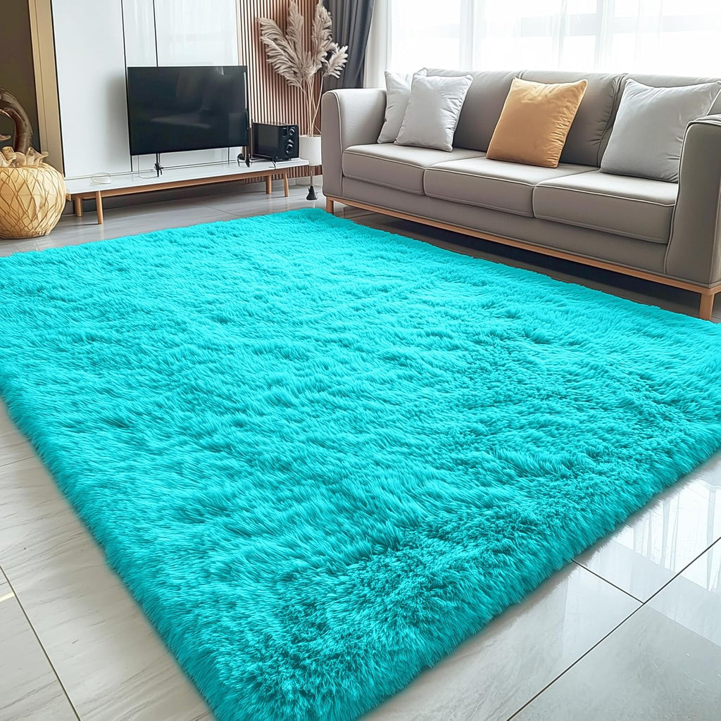 OLANLY Large Area Rug - Soft Fluffy Shaggy Indoor Carpet for Living Room & Bedroom | Teal Blue 6x9