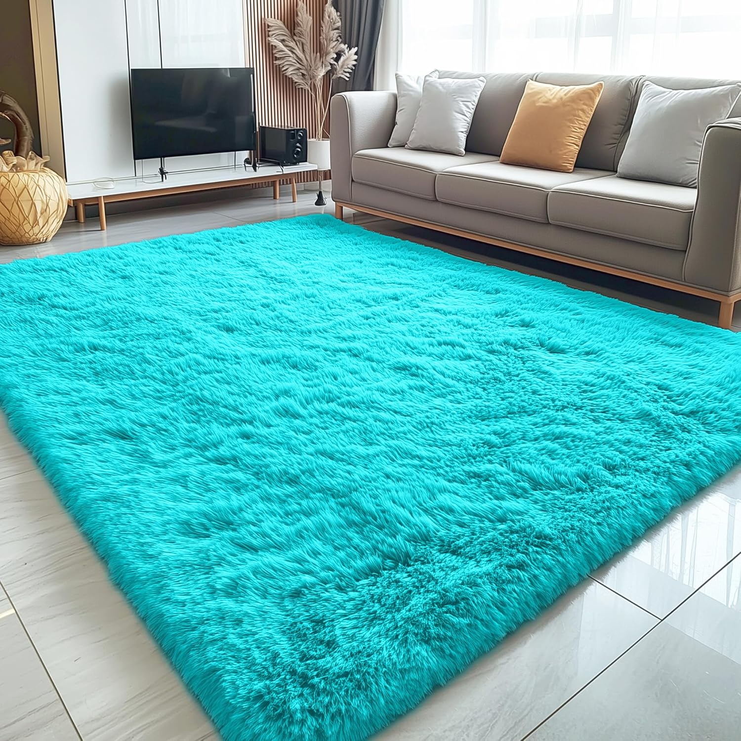 OLANLY Large Area Rug - Soft Fluffy Shaggy Carpet for Living Room & Bedroom | 8x10 Teal Blue