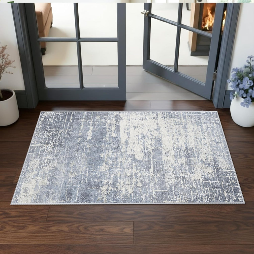 Skiennix Washable Kitchen Area Rug - Abstract Stain-Resistant, Non-Slip, Ultra Soft | 2x4, Blue/Ivory
