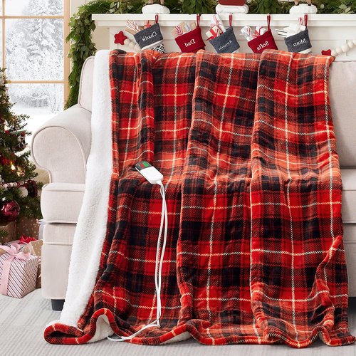 PTQ Red Christmas Electric Heated Blanket 50"x60", Fast Heated Throw with 8 Hours Auto Off/8 Heats Levels, Soft Plaid Sherpa with ETL Certification, Gifts for Adults Keep Warm in Home Office