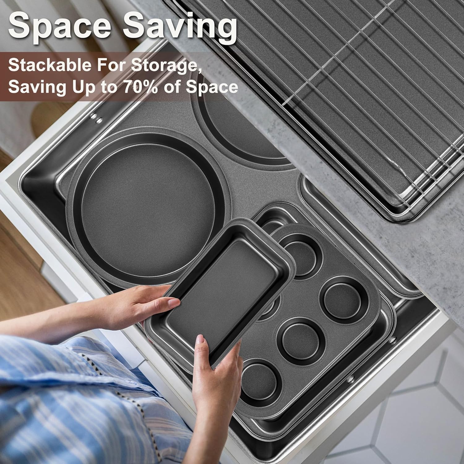 Skiennix 12PCS Nonstick Baking Pans Set - Stackable Carbon Steel Bakeware with Wider Grip & Oven Mitts