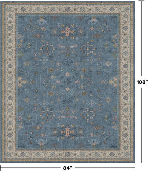 Boho 7x9 Living Room Rug - Modern Dark Blue Lightweight Washable Carpet for Dining & Bedroom