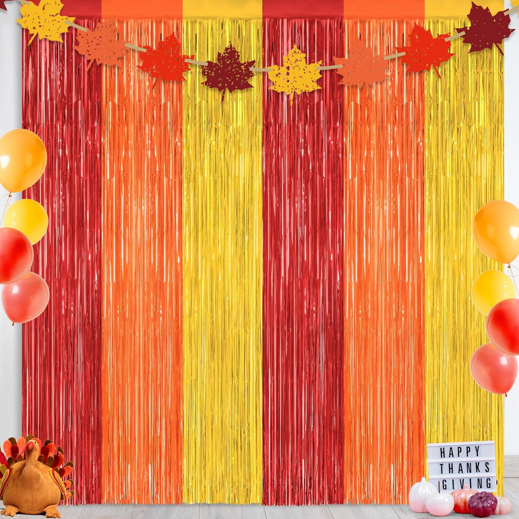 Skiennix Thanksgiving Backdrop - 2 Pack Metallic Fringe Curtains | 3.28 FT x 7.05 FT Red, Orange, Gold Decor