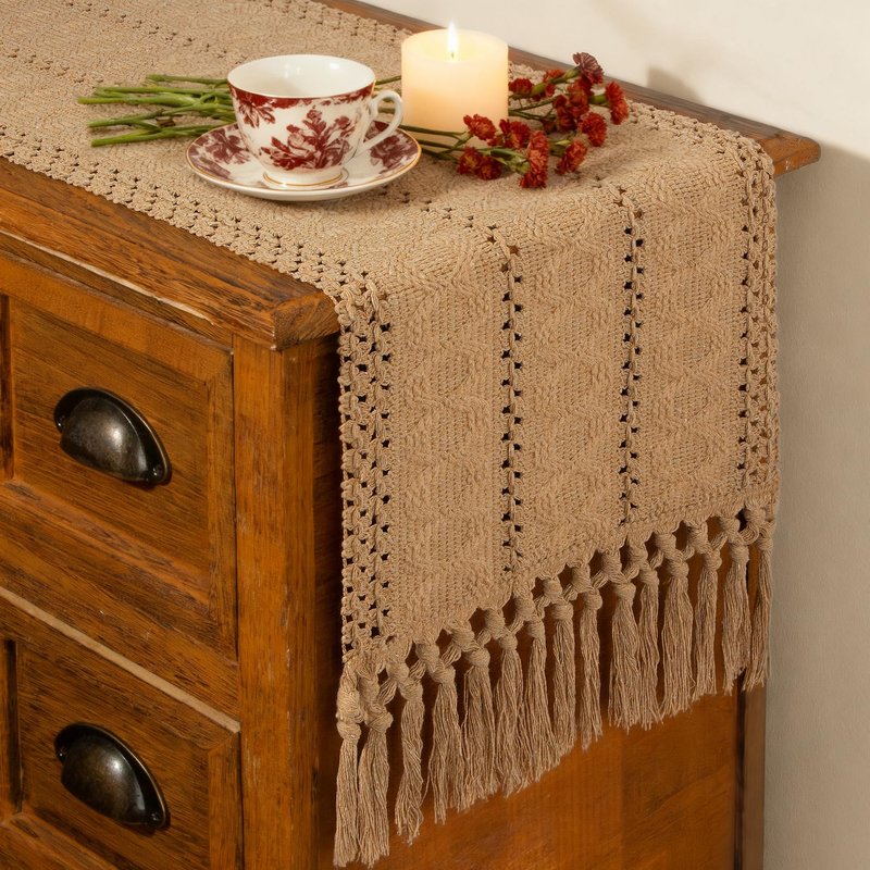 FEXIA Brown Table Runner Boho Burlap Coffee Table Runner with Tassels 90 Inches Long for Farmhouse Home Decor Modern Fall for Bohemian Dining Bedroom Decor Rustic Style (12x90 Inches)