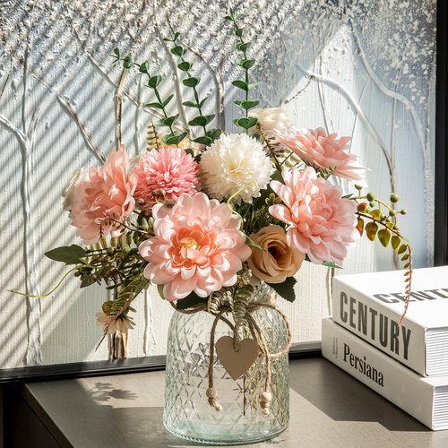 Aubcee 3 Pack Set Fake Flowers With Vase, Faux Silk Pink Dahlia Artificial Flowers for Home Decor, Coffee Table, Living Room, Bathroom Plant Decor