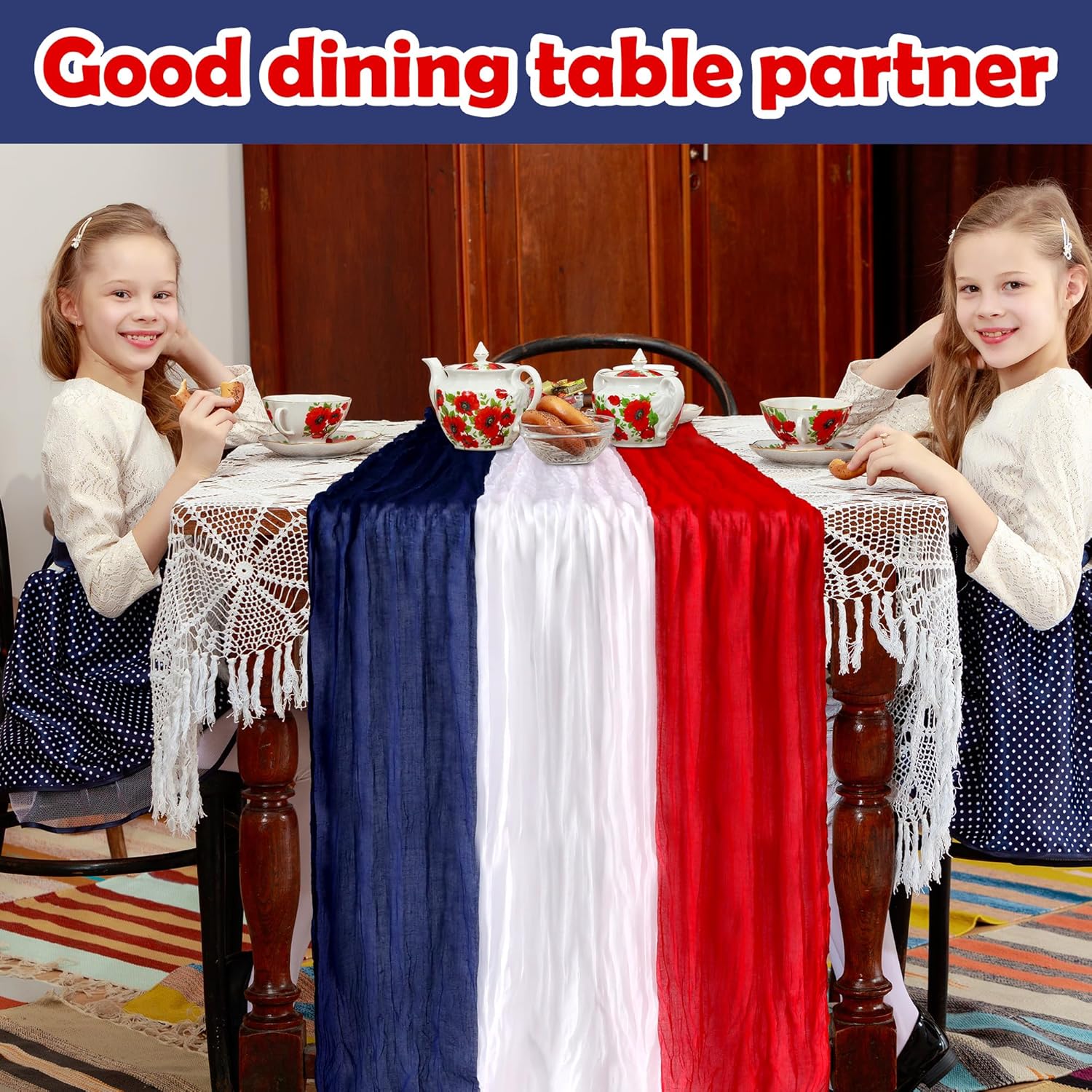 RunNico Cheese Cloth Table Runner - 120 x 38 Inch Rustic Red, White & Blue for Patriotic Decor