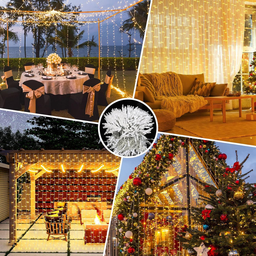 THKFUL Fairy Curtain Lights - 20 x 6.6FT 408LED Warm White String Lights | Waterproof & Remote-Controlled for Bedroom, Balcony, Garden