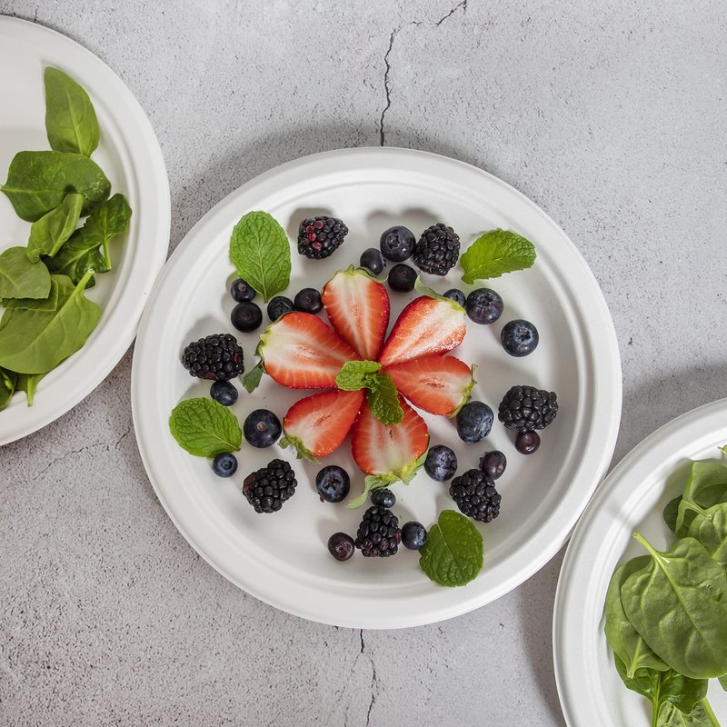 SafeWare White Paper Plates, 10 Inch, 150 Count - Food Grade Sugar Cane Fiber, Compostable & Biodegradable, Microwavable, Hot & Cold Resistant, Heavy Duty Disposable Plates Bulk
