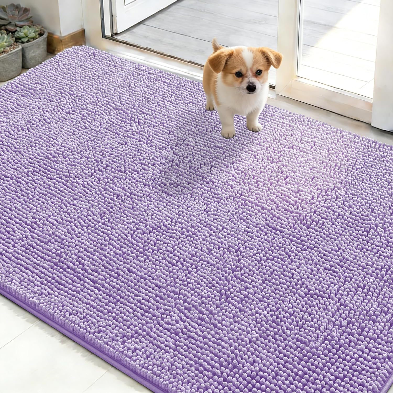 OLANLY Dog Door Mat - Absorbent Non-Slip Mud Mat for Indoor Use | Quick Dry Chenille 48x30, Lavender