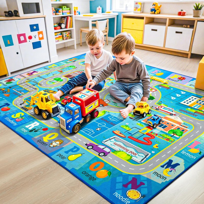 Chicrug 5x7 Car Road Area Rug for Kids Playroom Bedroom, Non Slip Low Pile Washable ABC Alphabet Carpet for Classroom, Track Play Mat for Toddler Children Nursery Baby Room Decor, Blue