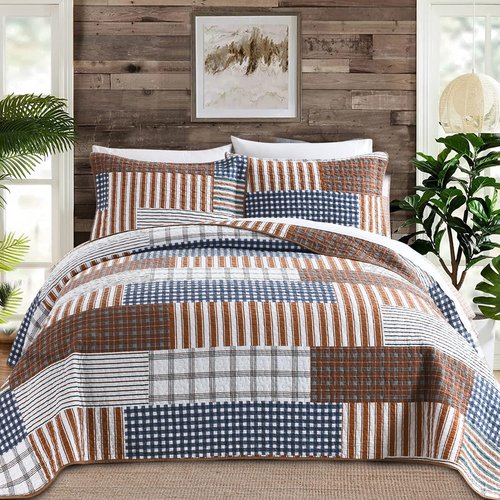 BCOTTOND Quilt, 100% Cotton Queen Quilt Set Patchwork Plaid Quilt Bedding Set Brown Blue Reversible Lightweight King Bedspread for All Season 3-Piece