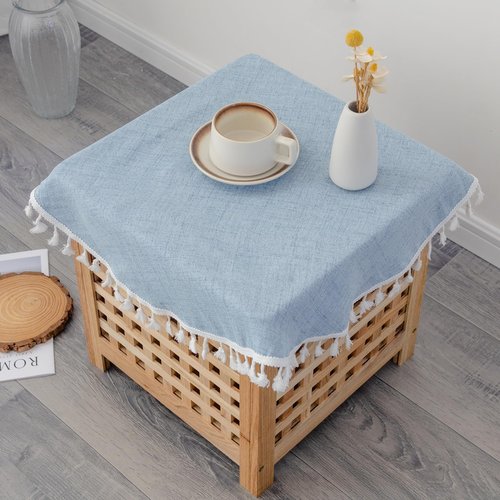 YZKITM Linen Small Round Tablecloth 24 Inch Light Blue Washable Wrinkle Resistant Table Cover with Tassels Farmhouse Decorative Burlap Fabric Table Cloths for Nightstand Wedding Camping Party Holiday
