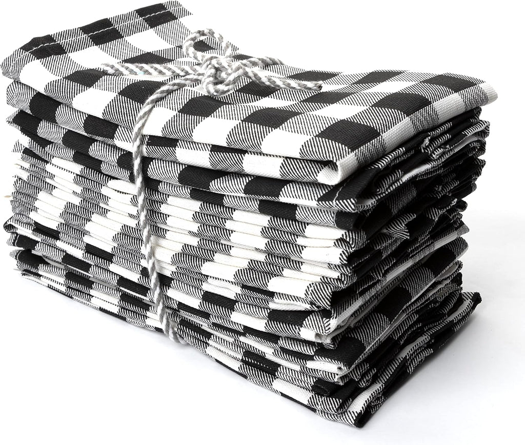 PERLLI Kitchen Cloth Napkins - 12 Pack 18x18 Inches | 100% Cotton Black and White Plaid Design, Washable & Reusable for Elegant Table Settings