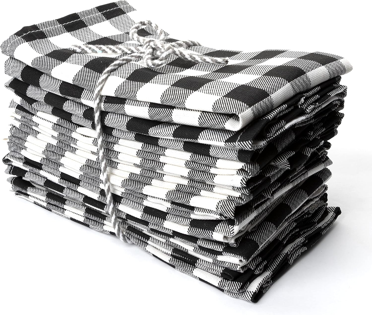 PERLLI Kitchen Cloth Napkins - 12 Pack 18x18 Inches | 100% Cotton Black and White Plaid Design, Washable & Reusable for Elegant Table Settings
