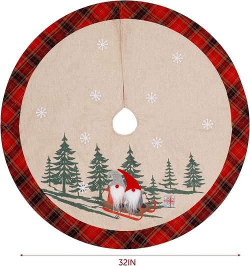 Juegoal 32-Inch Christmas Tree Skirt - Soft Red & Black Plaid Design with Gnome Sledding Decor