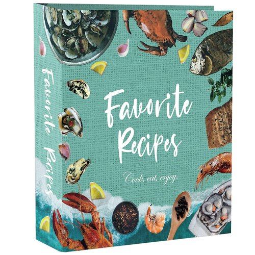 CraftSaints Recipe Binder 8.5x11, 3 Ring DIY Cookbook Kit 16 Dividers & 50 Plastic Sleeves & 36 Labels, Organizer Book Kit (Seafood)