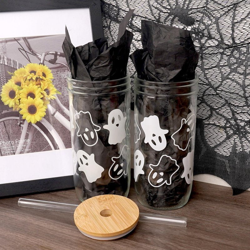 Anotion Ghost Decor 24oz Mason Jar Glass Cups with Lids and Straws - Halloween Tumblers and Coffee Cups - Indoor Decorations