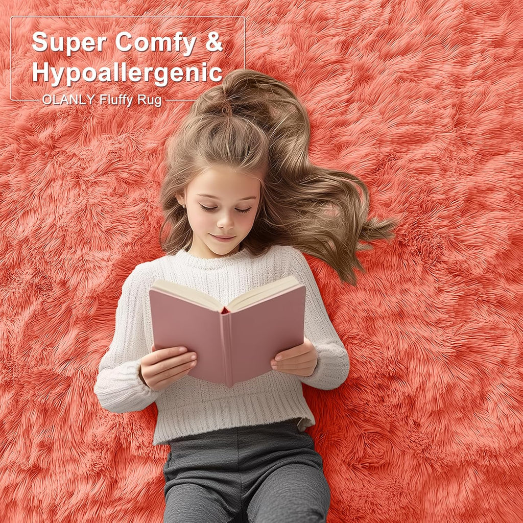 OLANLY Runner Rugs - Soft, Machine Washable Shaggy Carpet for Hallway & Bedroom | Coral Red 2x4 ft