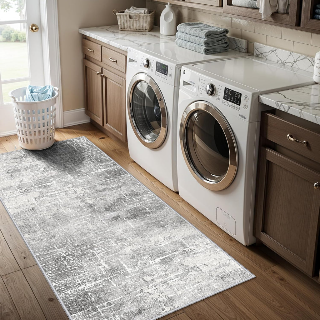Skiennix Washable 2x5 Hallway Runner Rug - Soft, Water-Resistant Indoor Carpet in Light Grey