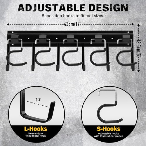 ELEAD 68'' All Metal Garden Tool Organizer - Adjustable Wall Mount with Black Hooks for Garage Storage