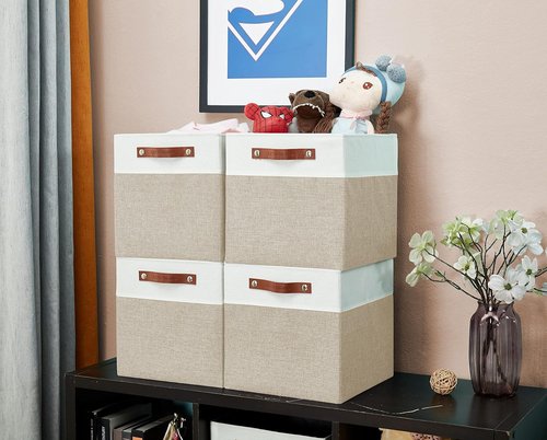 DECOMOMO Fabric Cube Storage Bins - Stylish Organizer Baskets for Kallax & Cubbies | Beige & White, 11-Inch Cube - 4 Pack
