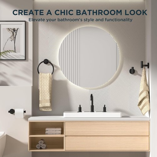 FORIOUS Bathroom Accessories Set - SUS304 Stainless Steel Toilet Paper Holder, Towel Ring & Hooks | Matte Black
