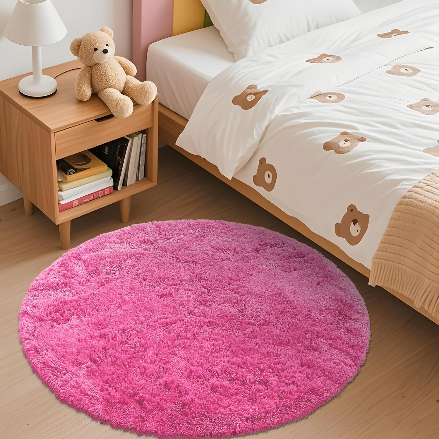 OLANLY Round Hot Pink Area Rug - Soft, Fluffy, Machine Washable 3 ft Carpet for Bedroom & Living Room Decor