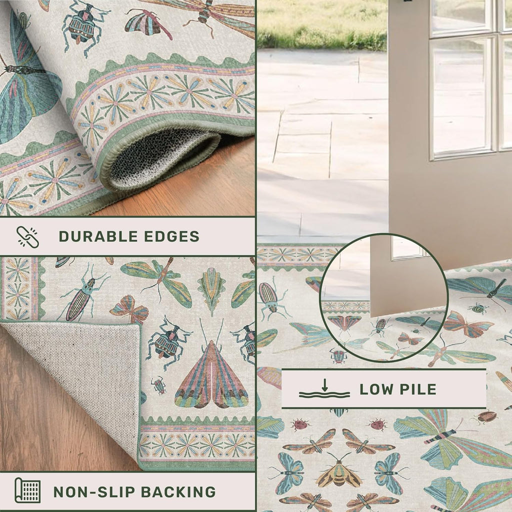 Skiennix Insect Print Hallway Runner Rug - 2'6"x8' Light Green, Washable Non-Slip Design for Indoor Decor