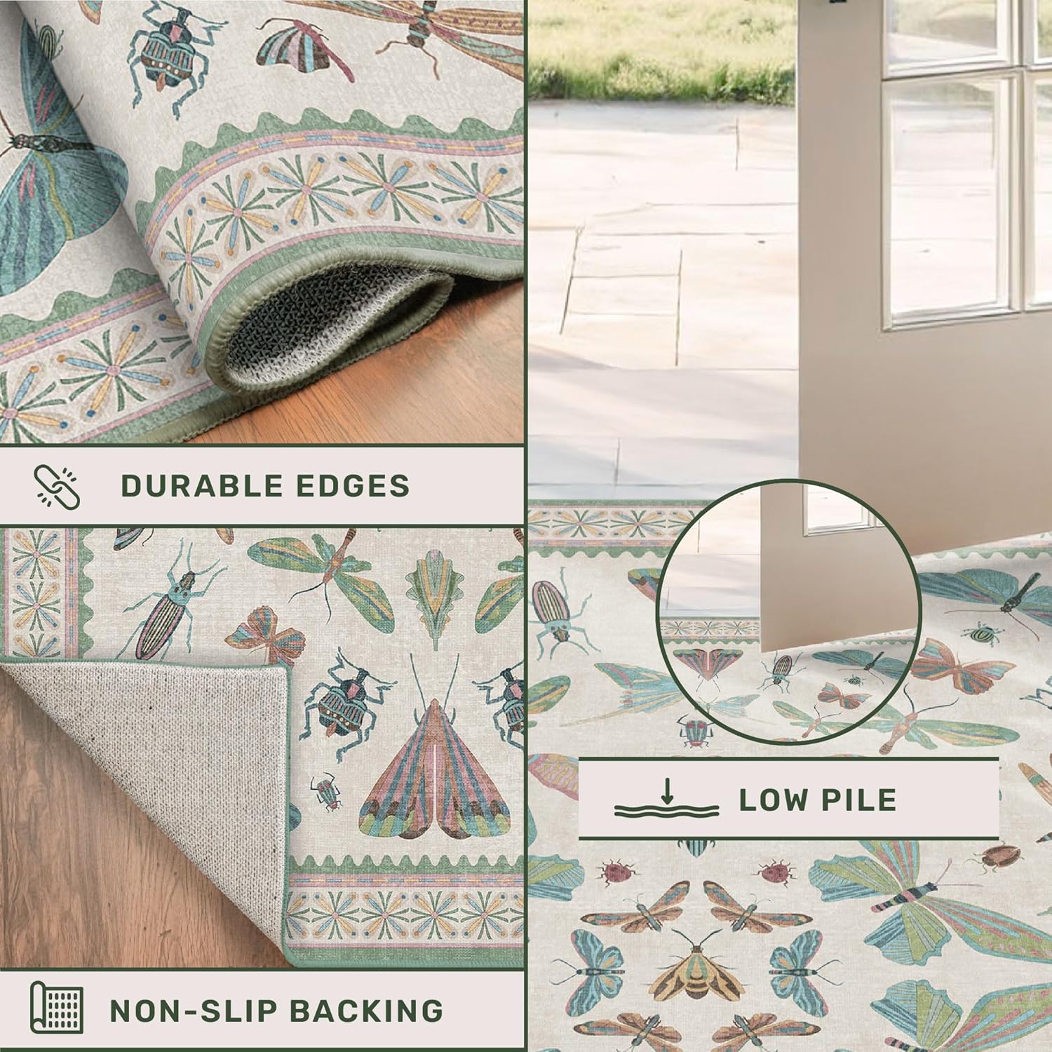 Skiennix Insect Print Hallway Runner Rug - 2'6"x8' Light Green, Washable Non-Slip Design for Indoor Decor