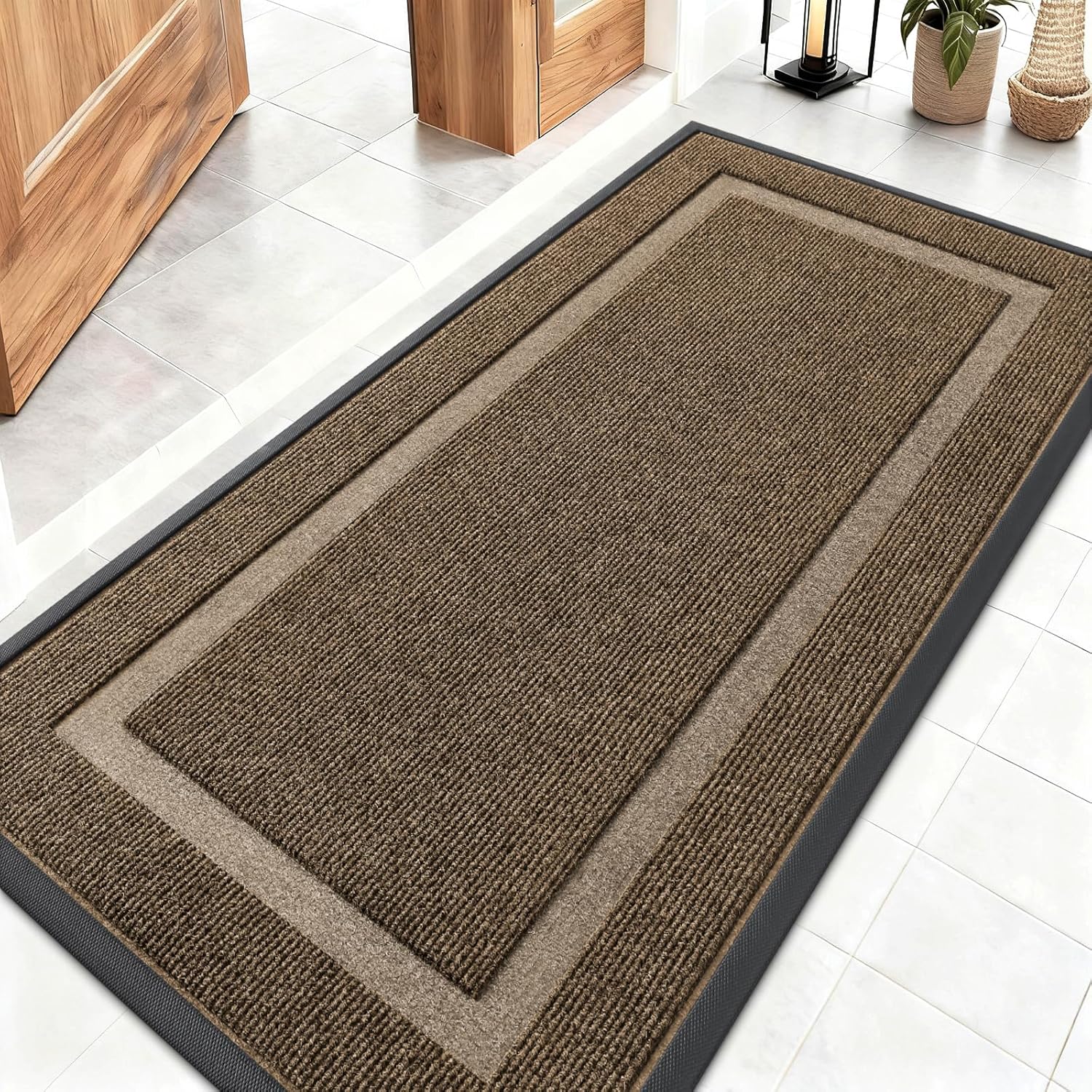 OLANLY Waterproof Front Door Mat - All-Season Natural Rubber Doormat, Easy Clean, 47x23, Brown