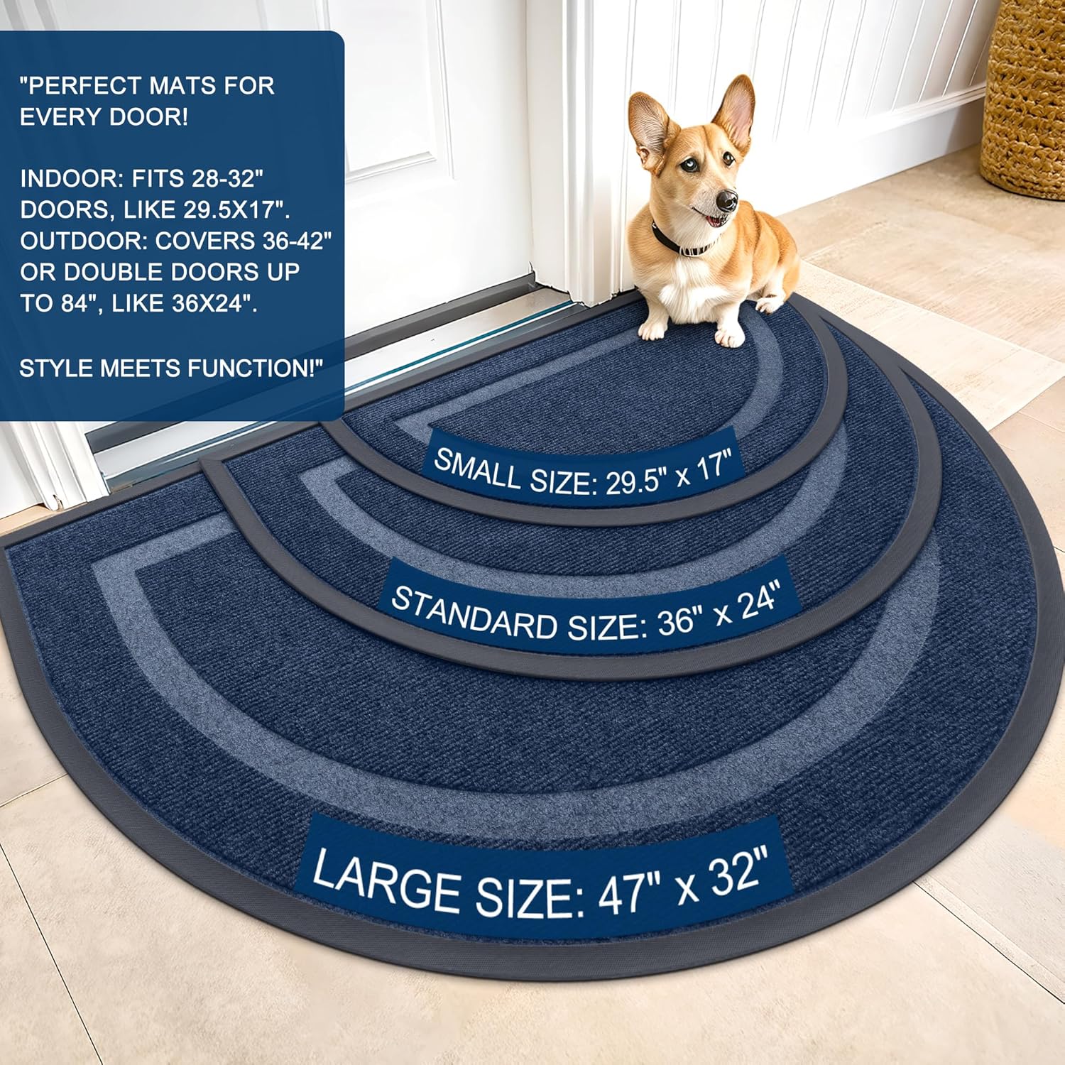 OLANLY Half Circle Door Mat - Waterproof All-Season Indoor/Outdoor Welcome Mat | 59x23, Blue