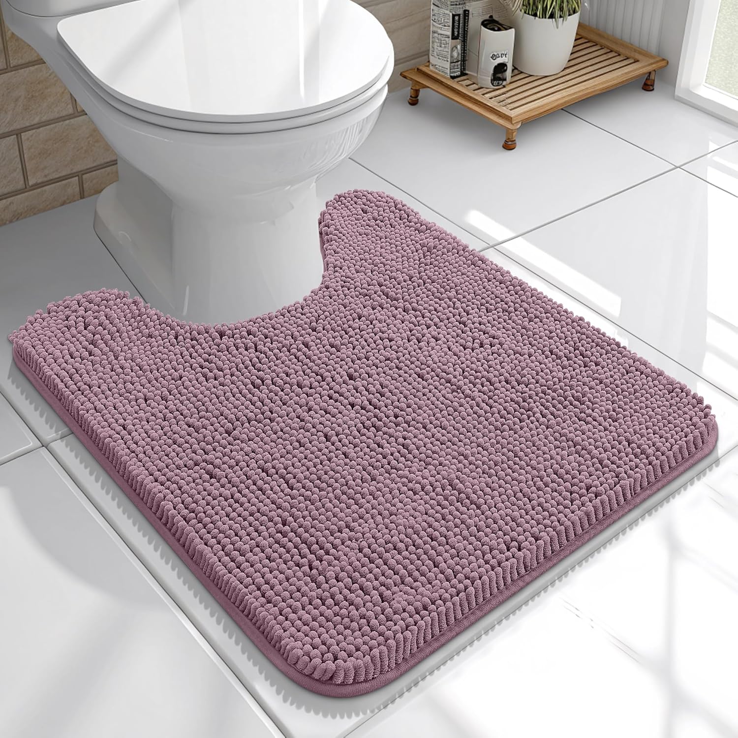 OLANLY U-Shaped Toilet Rugs - Extra Soft Chenille, Quick-Dry, Non-Slip Bath Mat | 20x20 Deep Plum