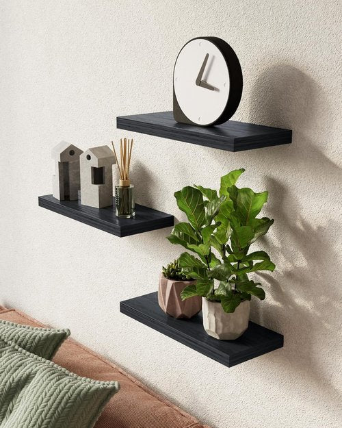 BAYKA Floating Wall Shelves - Set of 3 Stylish Black Shelves | 15.7 Inches Each