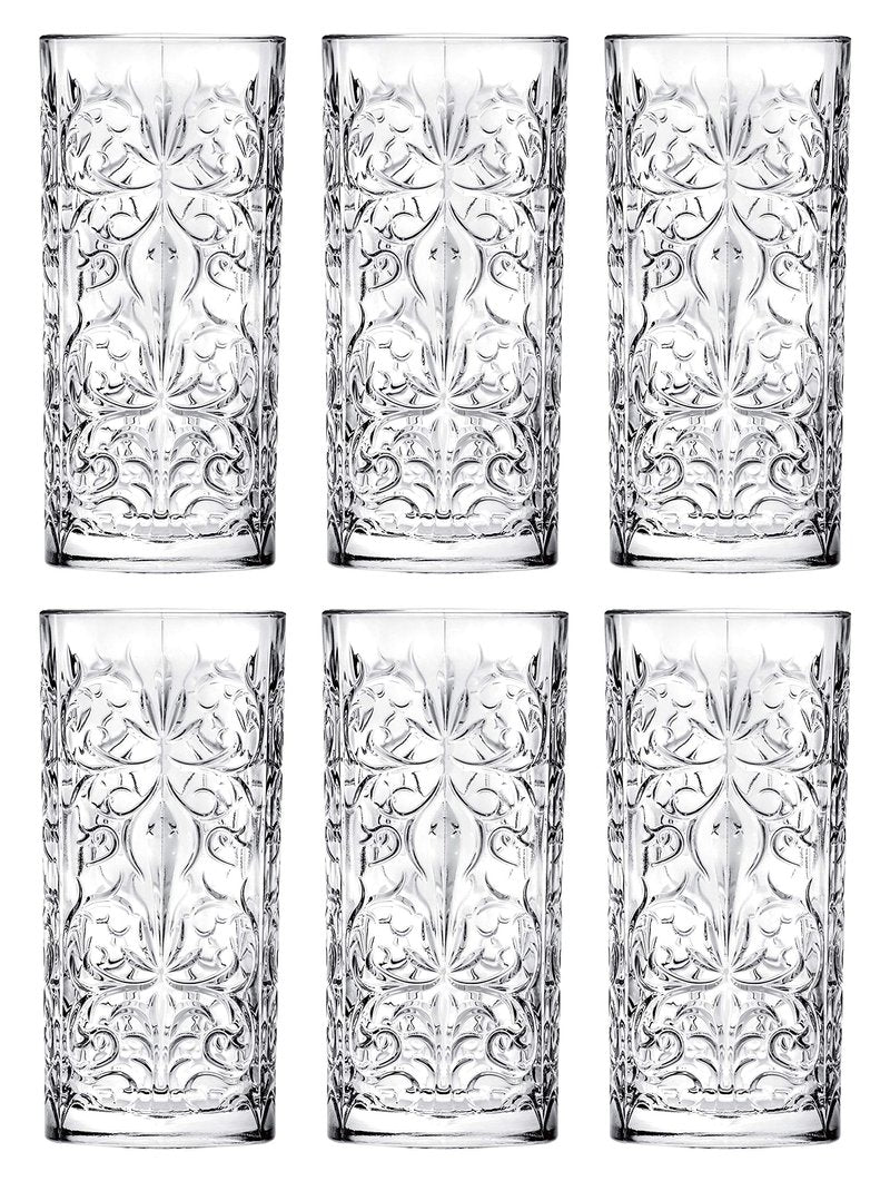 Barski Highball - Glass - Set of 6 - Hiball Glasses - Glass Crystal - Beautiful Tattoo Design - Drinking Tumblers - for Water, Juice, Wine, Beer and Cocktails - 13 oz Made in Europe
